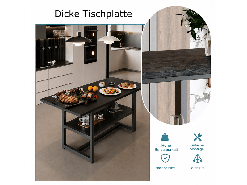  Table à manger rectangulaire 4 à 6 places avec étagère de rangement - lpospi - style industriel mdf métal noir 160 × 90 × 76 cm  - Conforama E