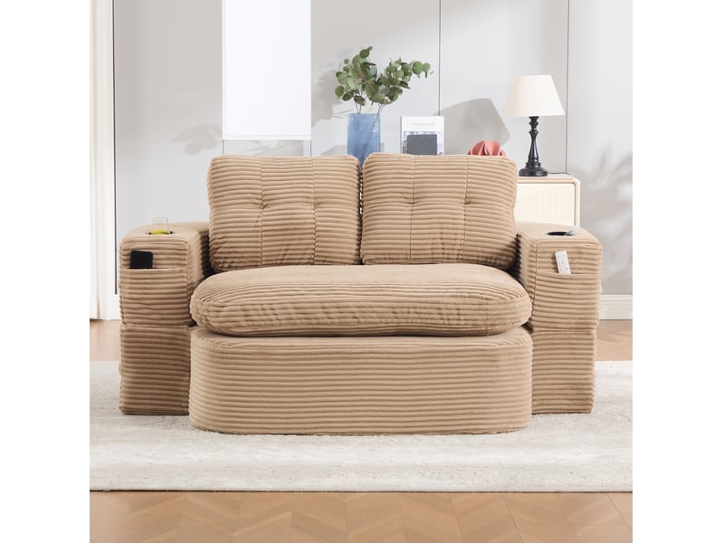  Canapé 2 places modenvie convertible en chaise longue en velours côtelé kaki, accoudoirs réglables et porte-gobelets, 165 x 97 x 61 cm  - Conforama B