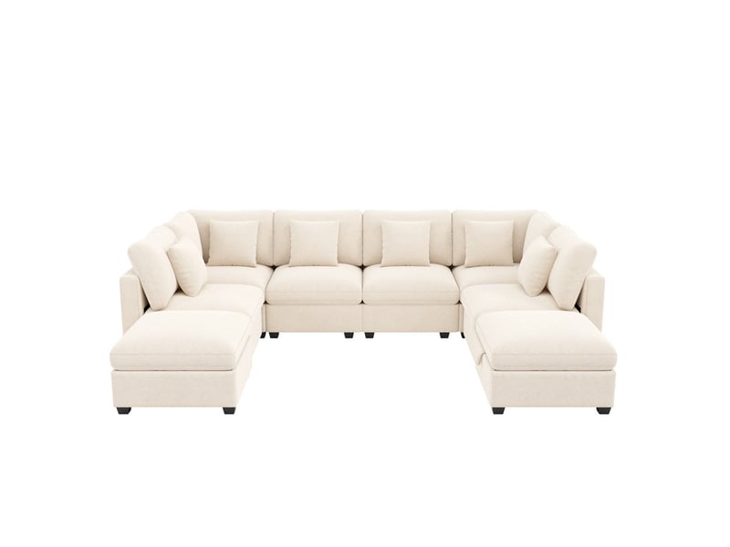  Canapé d'angle modulable,8 places, inclut 2 poufs mobiles avec coffre de rangement,292 × 220 × 81 cm,beige  - Conforama A