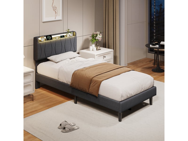  Lit enfant 90x200 cm, lit 1 place avec tête de lit, led, rangement et sommier, port usb et usb-c, lin, gris, sans matelas  - Conforama R