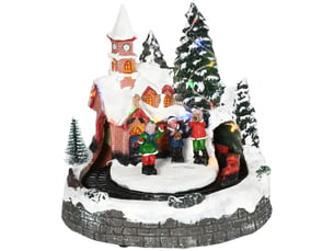 Village de noël avec lumières led et train en mouvement, décoration de table, 20 x 19,5 x 20 cm, multicolore