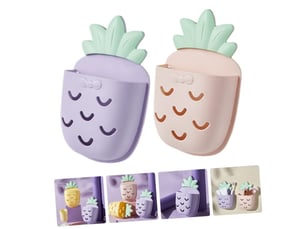 Lot de 2 range-muraux salle de bain sans perçage ananas violet et jaune, organiseur cosmétiques et porte-brosse à dents