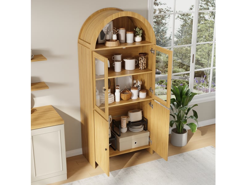  Buffet haut 78x40x176 cm avec vitrine à portes vitrées et rangement fermé, naturel  - Conforama B