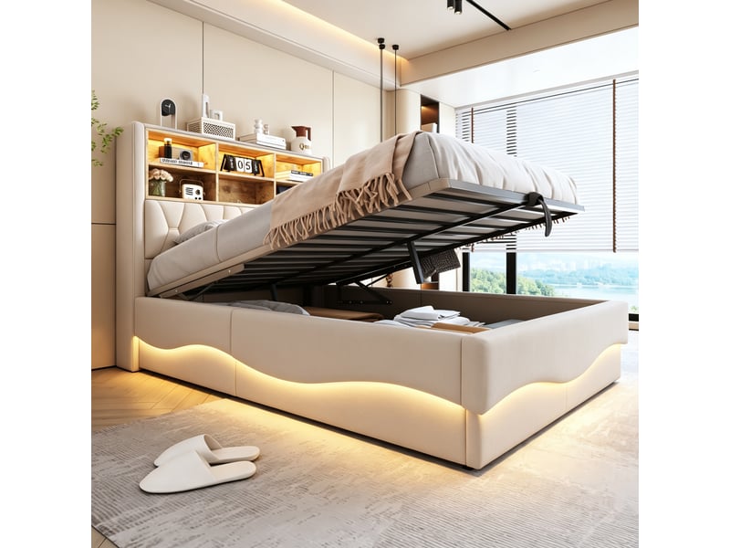  Lit rembourré 140×200 cm avec rangement hydraulique, led pilotable par application, usb, métal et lin beige  - Conforama E