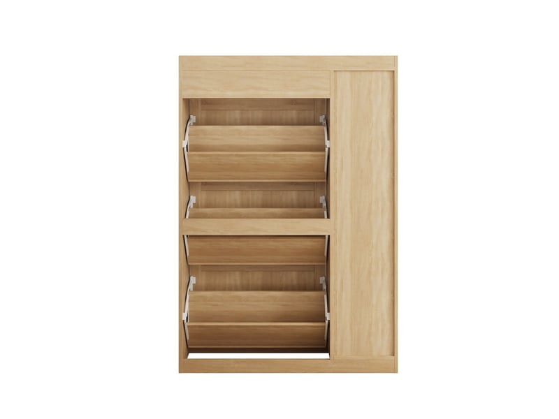  Meuble à chaussures, armoire fine en rotin, 3 abattants, tablettes ajustables, 2 tiroirs, espaces latéraux ouverts, 90x24x130 cm, finition rotin naturel  - Conforama E