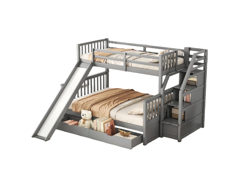  Lit superposé 90x200 cm - lit enfant et ados avec armoires et tiroirs pratiques - glissières sécurisées - gris  - Conforama A