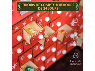 Calendrier de l'avent à remplir en bois, décoration de noël avec 24 tiroirs, père noël et traîneau, rouge, 22,5x8x36cm
