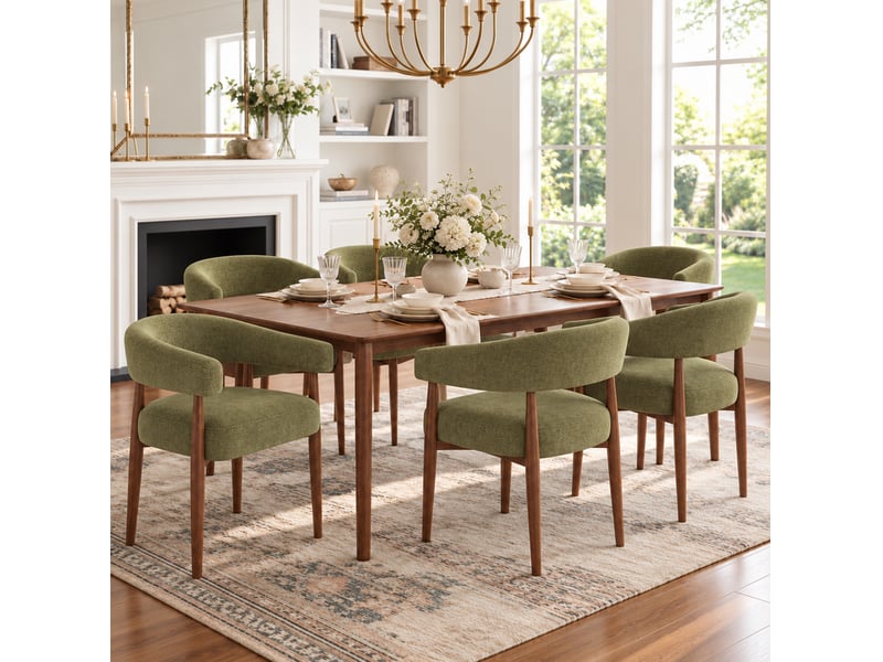  Lot de 2 chaises de salle à manger avec accoudoirs, chenille vert olive et aspect noyer  - Conforama D