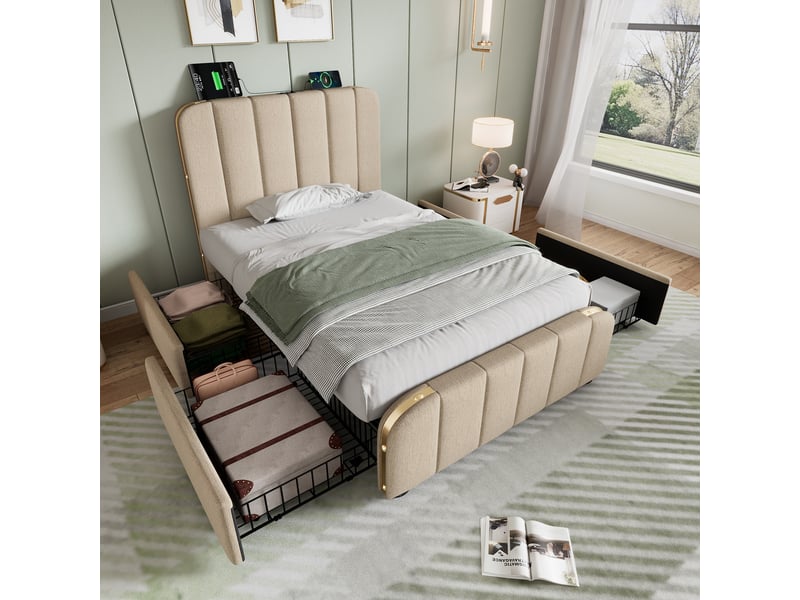  Lit en lin beige 90 x 200 cm  - Conforama E