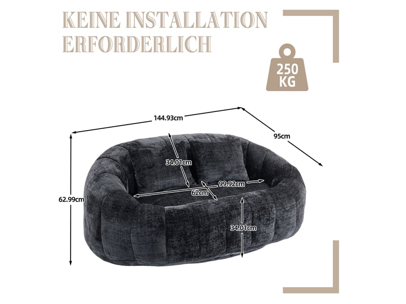  Canapé pouf modenvie 2 places en chenille noir 150 x 95 x 63 cm  - Conforama C