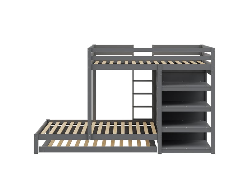  Lit superposé enfant 90x200 cm – gris – couchage gigogne, armoire, tiroirs et étagères – sans matelas  - Conforama D