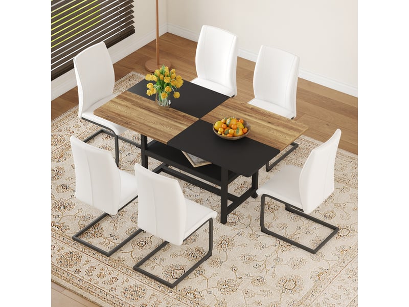  Ensemble table à manger avec 6 chaises blanches en similicuir, table rectangulaire 160 x 90 cm avec étagère intégrée  - Conforama C