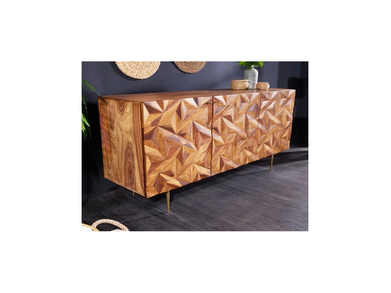  Buffet aravis 144 cm en bois massif de sheesham – 3 portes sculptées, marron et pieds dorés  - Conforama E