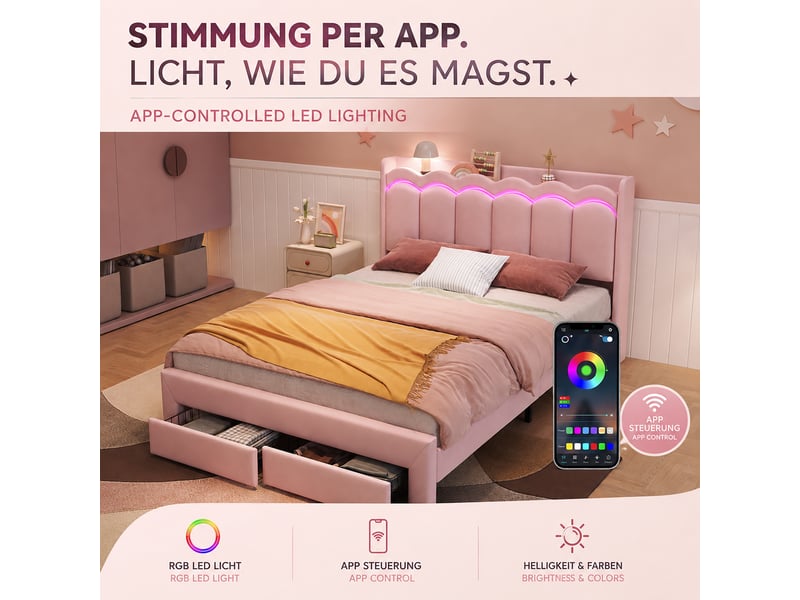  Lit enfant 2 places 140×200 cm avec 2 tiroirs, led réglable et étagère - okmyhome- rose, sans matelas, velours  - Conforama E
