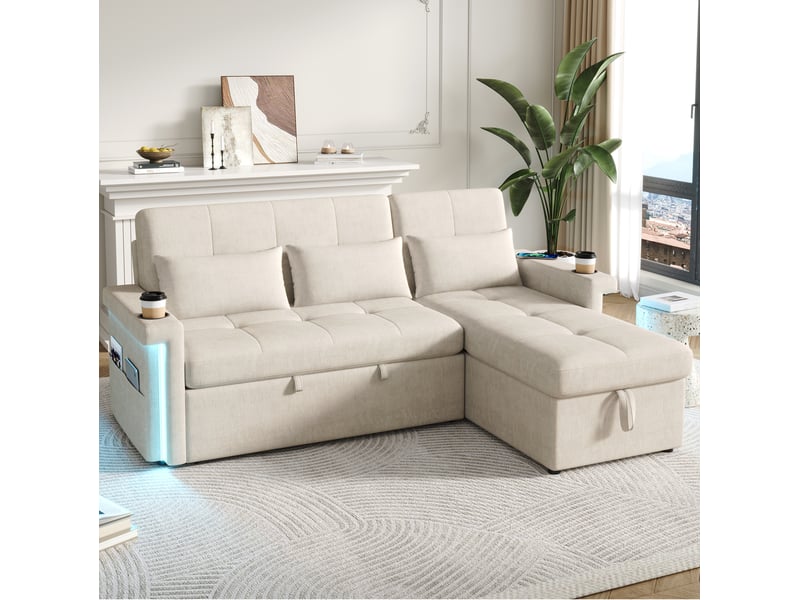  Canapé d'angle convertible avec fonction couchage, led, usb, coffre de rangement, en chenille beige  - Conforama B