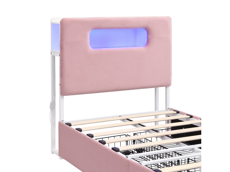  Lit enfant rembourré 90x200 cm en velours avec rangement, tête de lit avec étagères, 4 tiroirs, éclairage led - rose  - Conforama E
