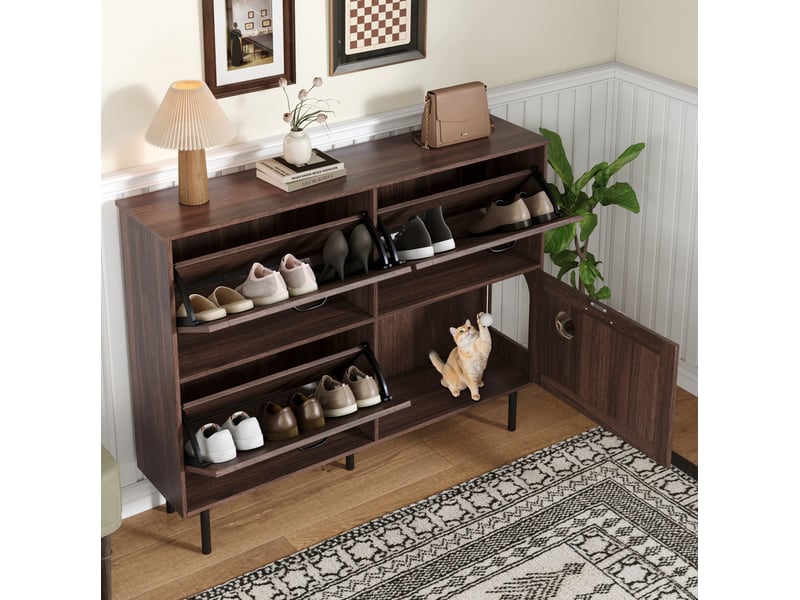  Meuble à chaussures 120x28x92 cm, meuble d'entrée, rangement pratique, portes et étagères, aggloméré, couleur noyer  - Conforama B