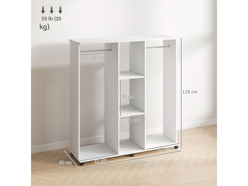  Armoire penderie ouverte mobile 2 tringles 3 étagères blanc 120 x 40 x 128 cm  - Conforama C
