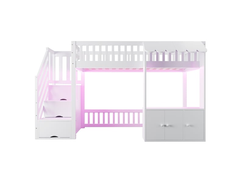  Lit mezzanine 90x200 cm avec escalier de rangement, bois et mdf, blanc sans matelas  - Conforama E