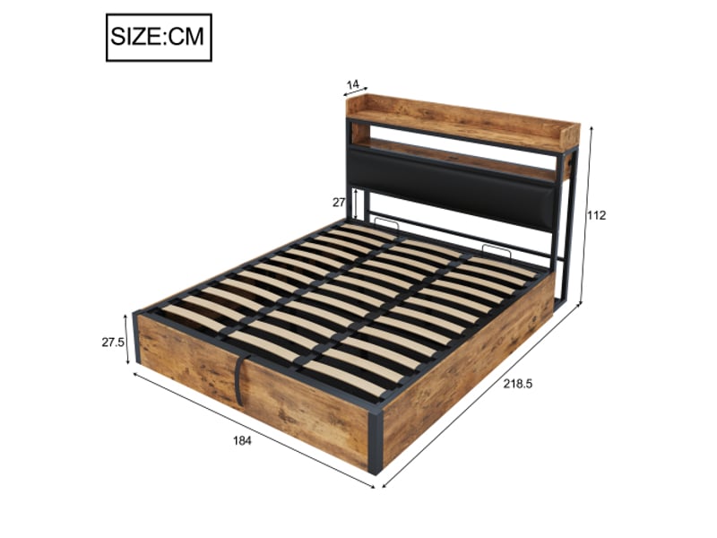  Lit double 180x200 avec rangement hydraulique et usb, tête de lit capitonnée, bois et métal vintage noir  - Conforama C