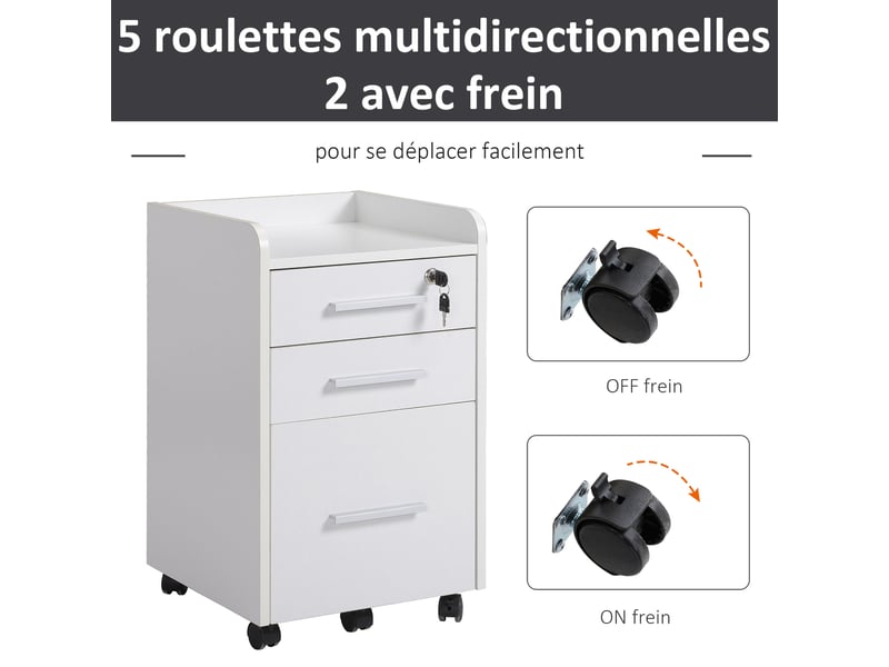  Caisson de bureau rangement bureau sur roulettes 3 tiroirs 1 verrouillable 1 trieur dossiers en bois blanc  - Conforama R