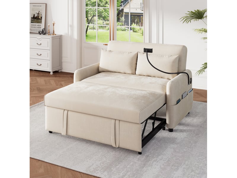 Canapé-lit convertible modenvie 2 places en chenille beige 129 x 76 cm avec dossier réglable et usb - Conforama D
