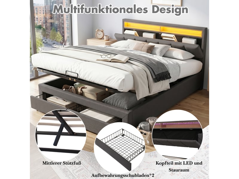  Lit coffre double 180 x 200 cm avec 2 tiroir, tête de lit rembourrée avec rangement, led réglable par télécommande, lin, gris foncé  - Conforama E