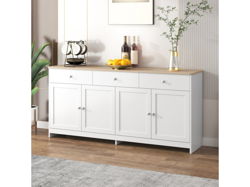  Buffet blanc imitation bois, 4 portes et 3 tiroirs, style rustique, idéal pour le salon ou la salle à manger, 160 x 37 x 75 cm  - Conforama E