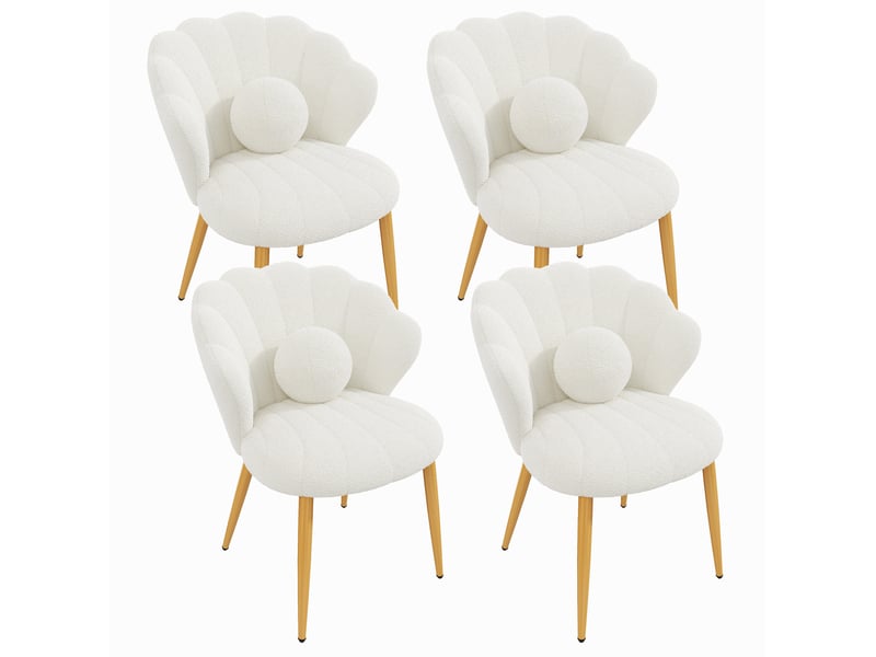 Lot de 4 chaises de salle à manger dossier coquillage en tissu teddy blanc, pieds dorés - Conforama A