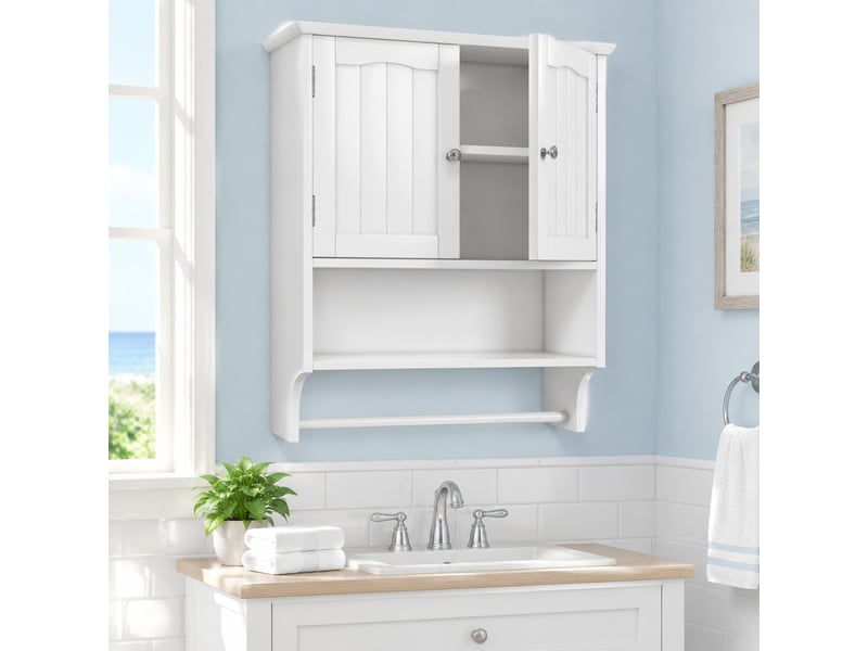  Armoire murale de salle de bains blanche 56.89x19x70 cm avec porte-serviettes  - Conforama E