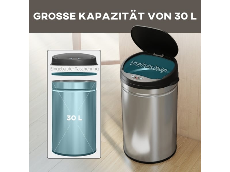  Poubelle à capteur 30 l en inox, sans contact, fermeture douce, pour cuisine hygiénique  - Conforama D