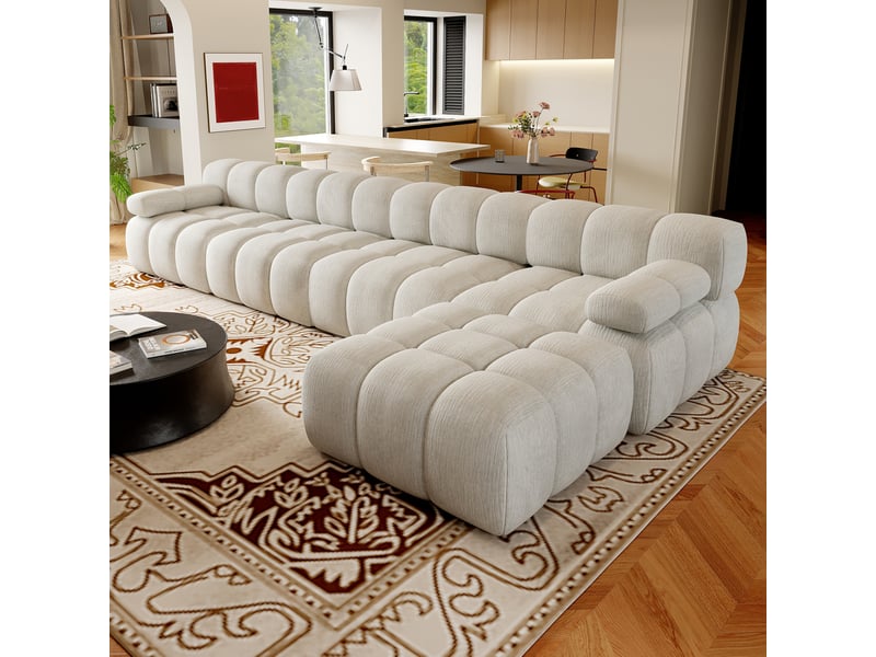  Canapé d'angle panoramique fixe 5 places en tissu blanc 400 cm, confort en mousse pour votre salon accueillant  - Conforama B