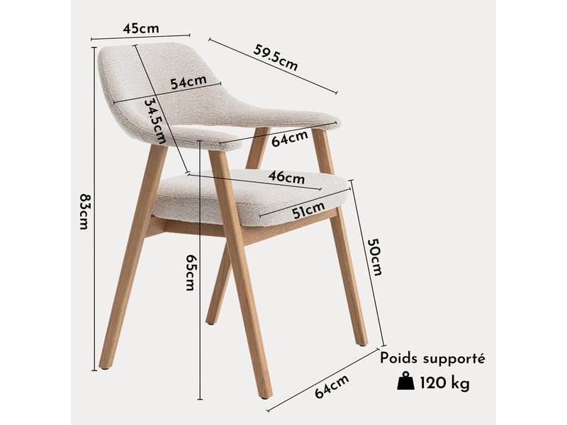 Coralie - chaise de repas en tissu beige pieds chêne massif clair CORALIE-BEI-BOIC - Conforama E