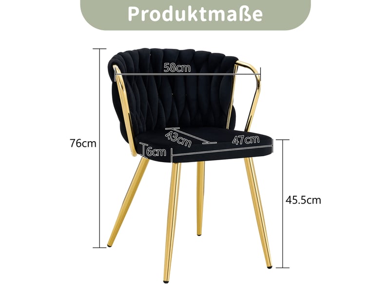  Chaise de salle à manger 43x58x76 cm dossier tressé métal noir et doré  - Conforama E