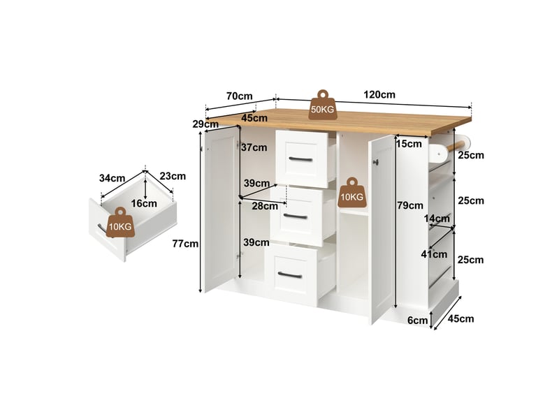 Îlot de cuisine mobile 120x70x90 cm avec plateau rabattable blanc - Conforama C