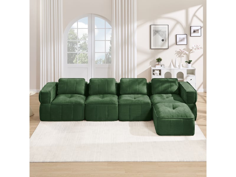  Canapé 4 places - 344x162x67cm - canapé d'angle modulaire en l avec pouf repose-pieds en mousse 32d sans cadre - vert  - Conforama B