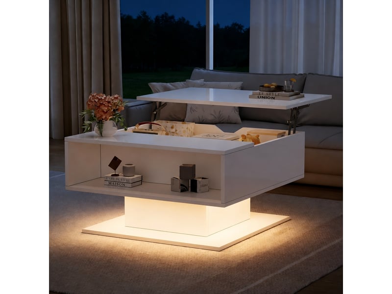  Table basse relevable led avec rangement, plateau 40 à 54 cm, 80 x 75 cm, blanc brillant  - Conforama E