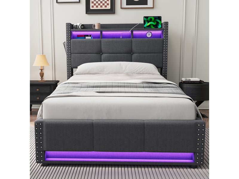  Lit avec rangement simple 90 x 200 cm en tissu de lin, led réglable, usb et prises, sans matelas, gris foncé  - Conforama B