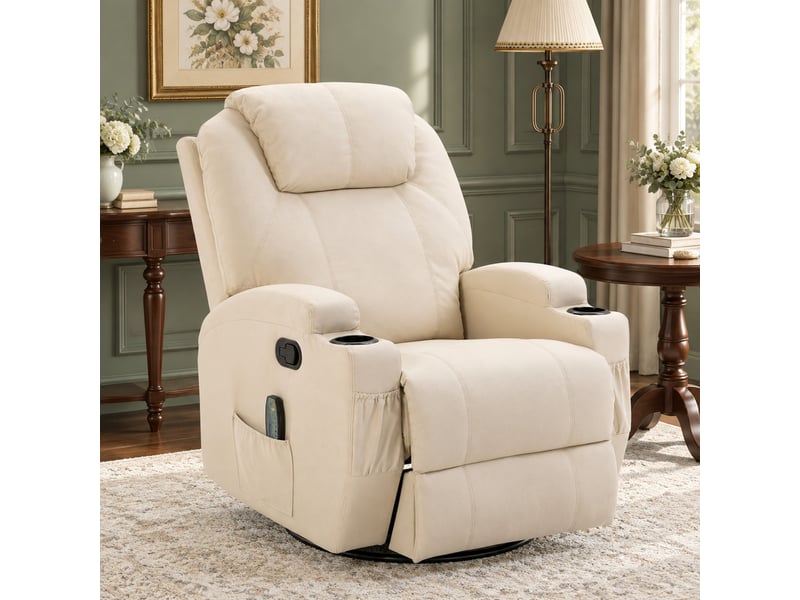  Fauteuil de massage ulevr inclinable à 165° et pivotant à 360°, 8 points vibrants, 84 x 92 x 109 cm, simili cuir blanc crème  - Conforama D
