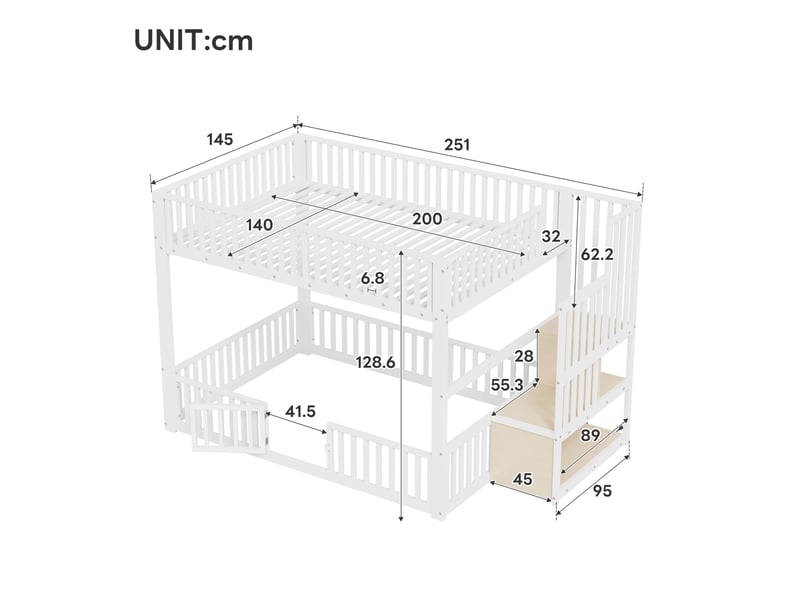 Lit superposé enfant 140x200 cm blanc avec escalier de rangement et led - Conforama C