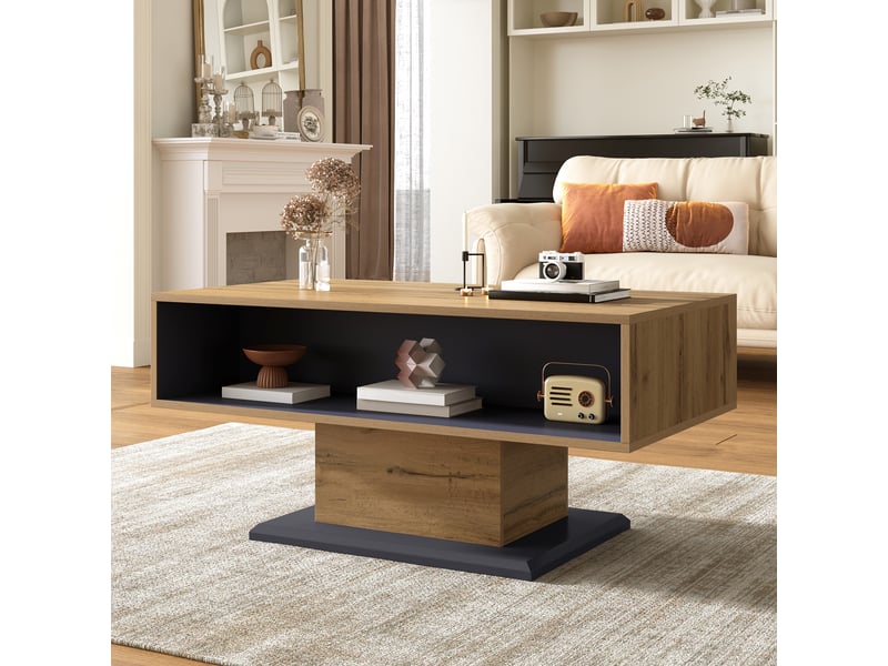  Table basse avec rangement double face et compartiment intérieur, en panneau de particules, gris bois - uvrion  - Conforama D