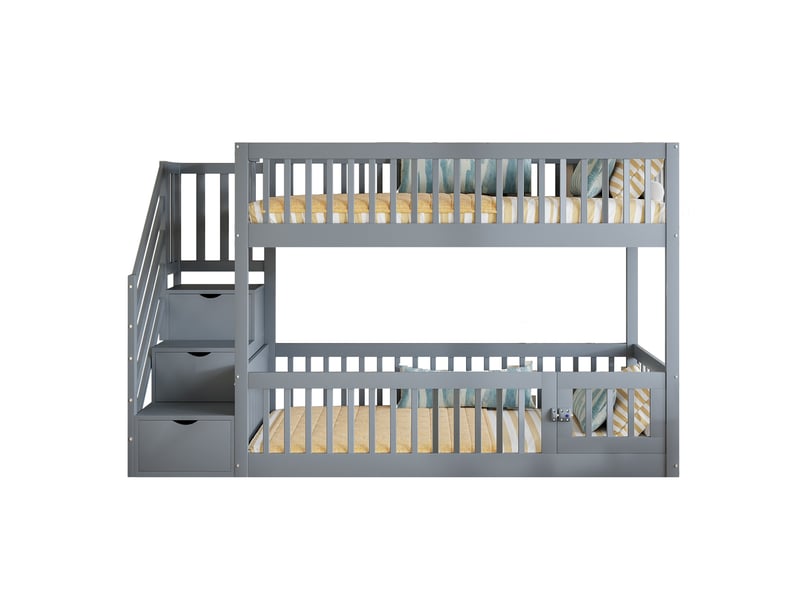  Lit superposé 90x200 cm avec escalier de rangement, porte ouvrante, bois, gris sans matelas  - Conforama D