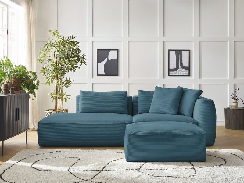  Bobochic canapé droit fixe 3 places leopold velours côtelé avec pouf bleu clair  accoudoir droit LEOPOLD - Conforama C