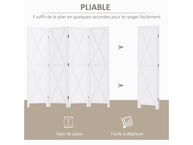  Paravent intérieur 4 panneaux style campagnard chic - bois de paulownia blanc - séparateur de pièce avec croisillons  - Conforama A