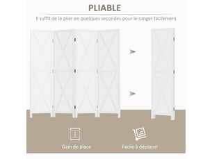 Paravent intérieur 4 panneaux style campagnard chic - bois de paulownia blanc - séparateur de pièce avec croisillons