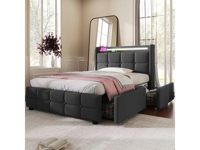  Lit coffre gris 90x200 cm avec tête de lit led et usb, 2 tiroirs, sommier à lattes bois, sans matelas  - Conforama B