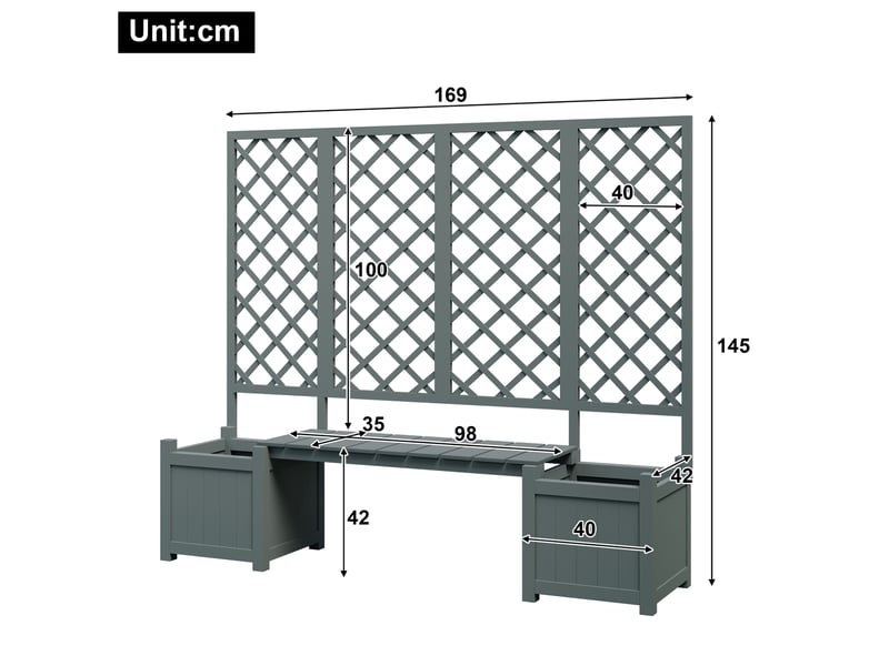 Banc jardinière avec treillis 169x145x42 cm gris en bois, avec bacs de plantation et assise extérieure - Conforama C
