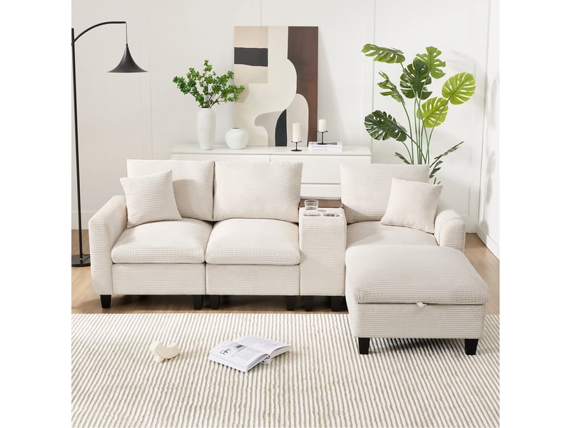  Canapé d'angle, canapé convertible, en velours tricoté, rangements dans les accoudoirs, porte-gobelets, design moderne, usb  - Conforama E