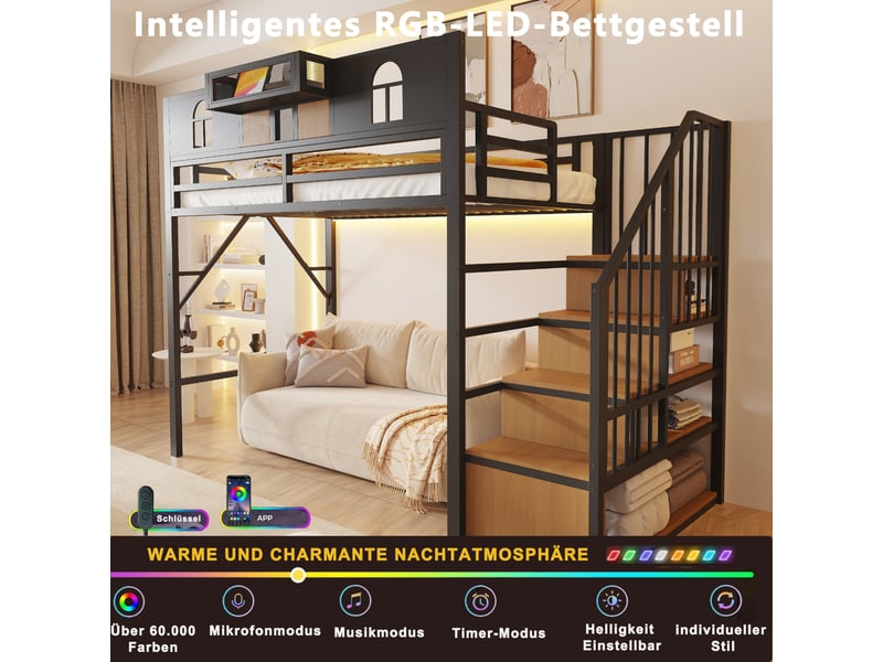  Lit en hauteur, 90x200 cm, échelle avec rangement, niche, fenêtres, rangement, mdf et métal, pour chambre, coloris noir  - Conforama E