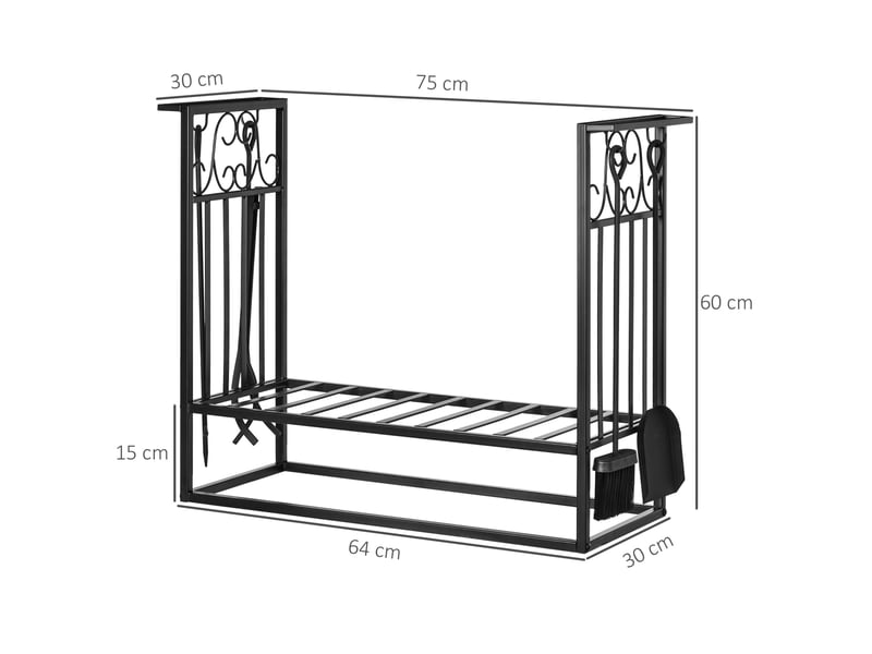  Support à bûches avec outils de cheminée 75 x 30 x 60 cm noir en acier, rangement intérieur extérieur  - Conforama C